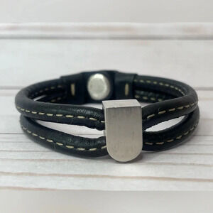 Delvaux Black Leather Wrap Bracelet with Silver Tone Metal